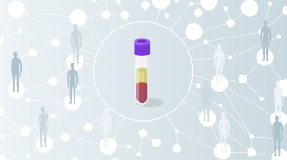 Blood sample tube representing biomarker analysis within a connected population health network, illustration.