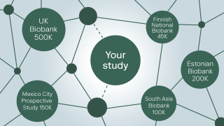 Research study connected to multiple international biobanks, illustration.