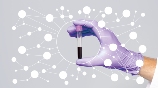 Gloved hand holding a blood sample tube connected to a biomarker research network, illustration.