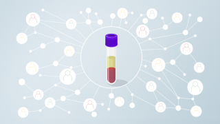 Blood sample tube connected to a population-wide biomarker research network, illustration.
