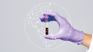 Gloved hand holding a blood sample tube connected to a global biomarker research network, illustration.