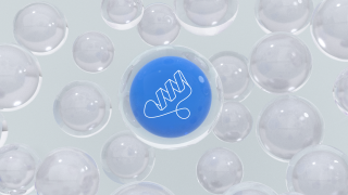 Blue molecular symbol inside a transparent bubble representing proteomics analysis, illustration.