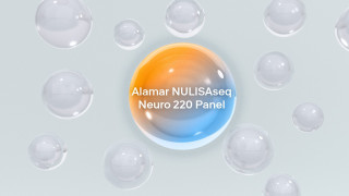 Alamar NULISAseq Neuro 220 Panel branding with abstract molecular spheres, illustration.