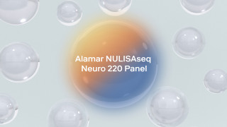 Alamar NULISAseq Neuro 220 Panel branding with abstract molecular spheres, illustration.