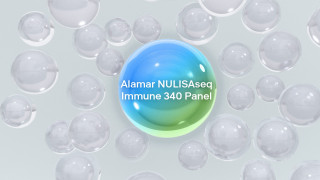 Alamar NULISAseq Immune 340 Panel branding with abstract molecular spheres, illustration.