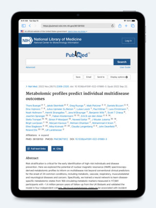 iPad displaying the publication “Metabolomic Profiles Predict Individual Multidisease Outcomes”, screenshot.