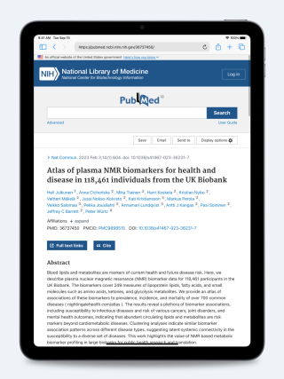 iPad displaying the publication “Atlas of Plasma NMR Biomarkers for Health and Disease in 118,461 Individuals from the UK Biobank”, screenshot.