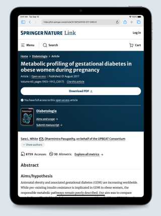iPad displaying the publication “Metabolic Profiling of Gestational Diabetes in Obese Women During Pregnancy”, screenshot.