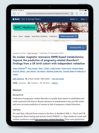 iPad displaying the publication “Do Nuclear Magnetic Resonance (NMR)-Based Metabolomics Improve the Prediction of Pregnancy-Related Disorders? Findings from a UK Birth Cohort with Independent Validation”, screenshot.