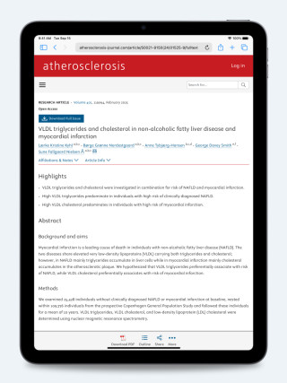 iPad displaying the publication “VLDL Triglycerides and Cholesterol in Non-Alcoholic Fatty Liver Disease and Myocardial Infarction”, screenshot.