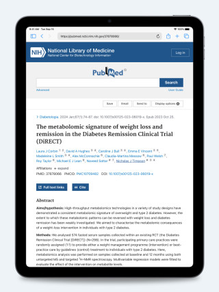 iPad displaying the publication “The Metabolomic Signature of Weight Loss and Remission in the Diabetes Remission Clinical Trial (DiRECT)”, screenshot.