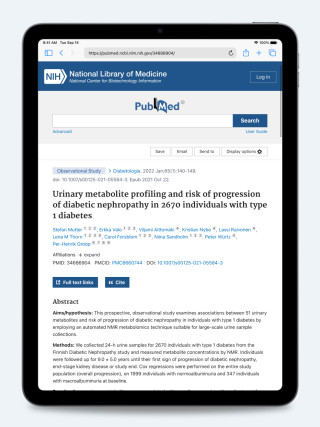 iPad displaying the publication “Urinary Metabolite Profiling and Risk of Progression of Diabetic Nephropathy in 2,670 Individuals with Type 1 Diabetes”, screenshot.